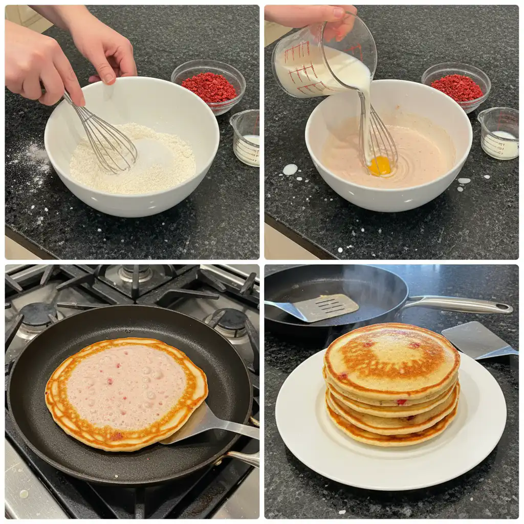 A hand gently folding sliced strawberries into a bowl of creamy pancake batter.