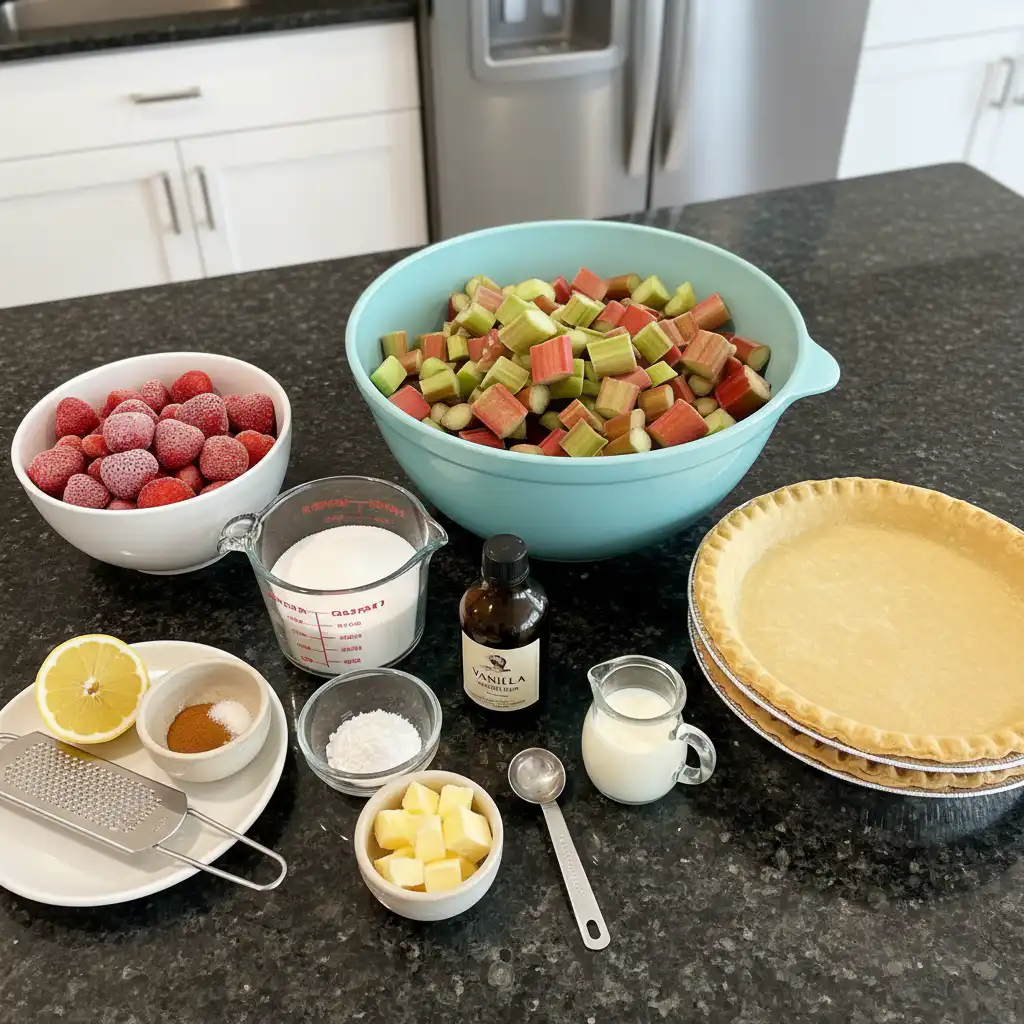 Fresh strawberries, chopped rhubarb, sugar, flour, and butter arranged on a wooden table for making strawberry rhubarb pie.