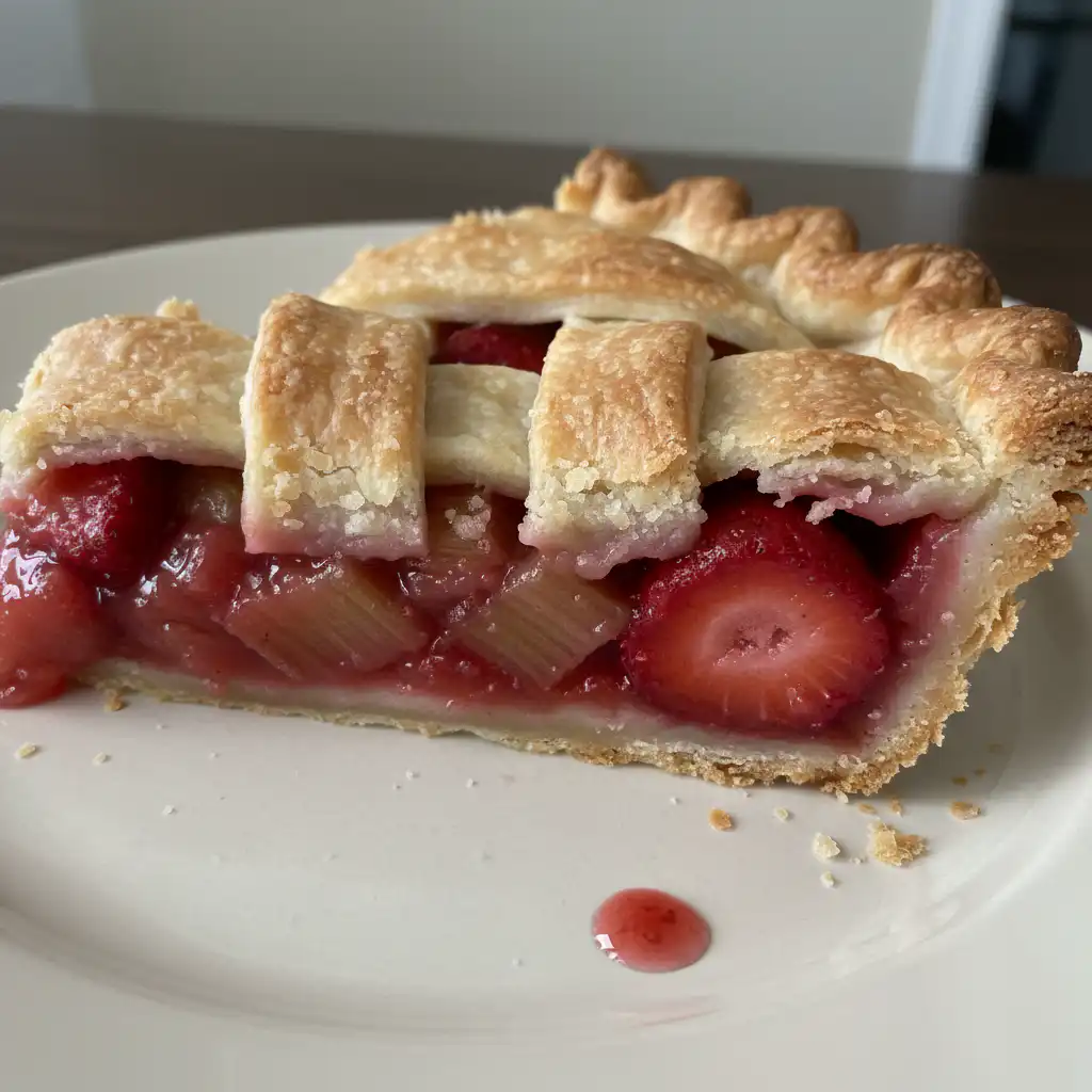 A vibrant strawberry rhubarb pie with a golden, flaky lattice crust cooling on a wire rack, glistening with its sweet-tart filling.