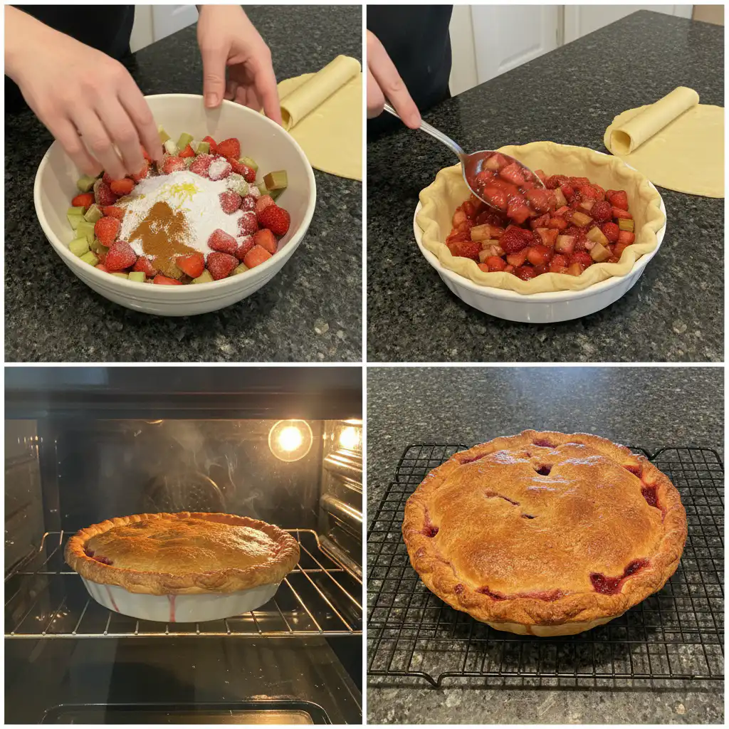 Hands gently arranging a lattice crust over a bubbling strawberry rhubarb pie filling in a pie dish before baking.