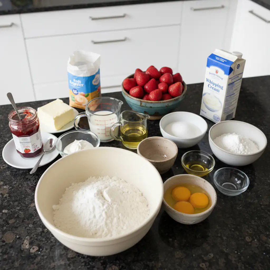 strawberry-shortcake-cake-ingredients Fresh ingredients for a strawberry shortcake cake recipe, including sliced strawberries, flour, sugar, and heavy cream.