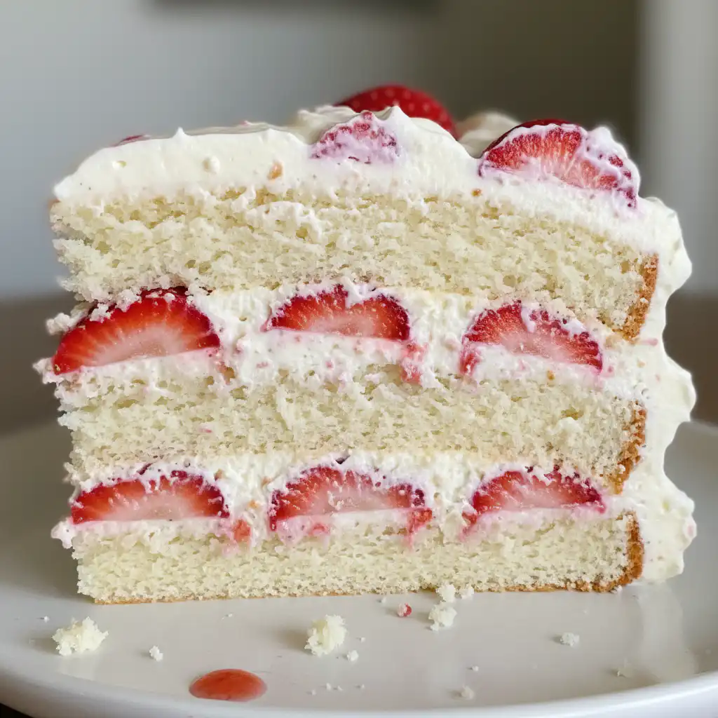 Every Meal, Made Irresistible 8 A beautiful slice of homemade strawberry shortcake cake on a white plate, garnished with fresh berries and mint.
