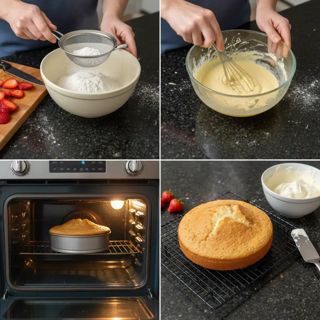 strawberry-shortcake-cake-preparation Assembling layers of a homemade strawberry shortcake cake with fresh whipped cream and sliced strawberries.