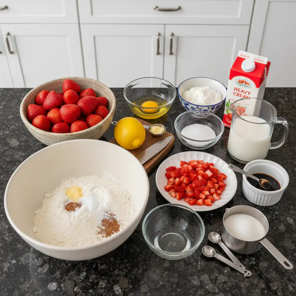 A colorful spread of fresh strawberries, flour, sugar, and cream, all ingredients for strawberry shortcake cupcakes.