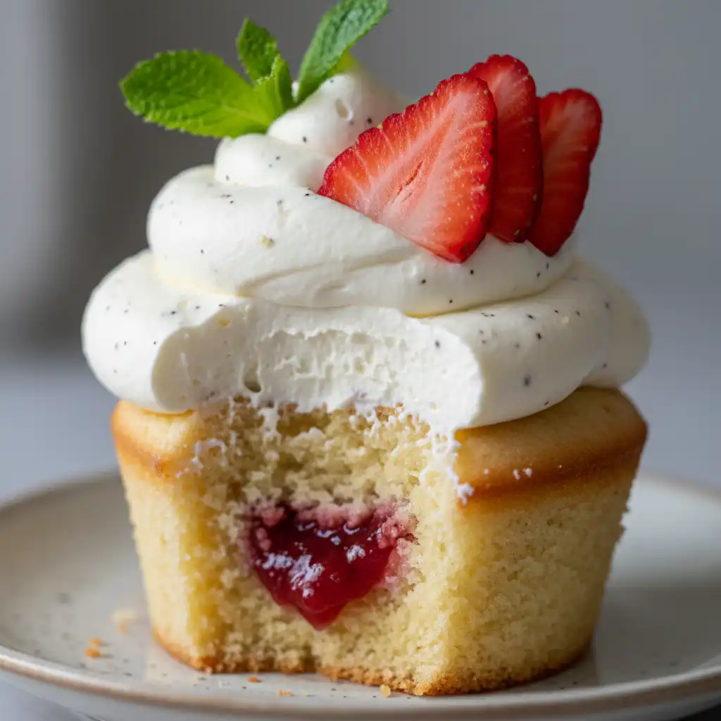 Every Meal, Made Irresistible 5 Delicious strawberry shortcake cupcakes with fluffy frosting and fresh berries, ready to enjoy.