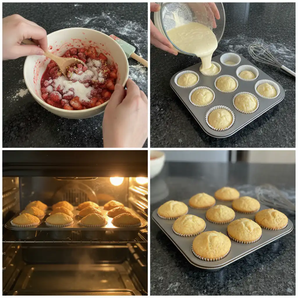 Hands skillfully piping whipped cream onto freshly baked strawberry shortcake cupcakes, topped with sliced strawberries.