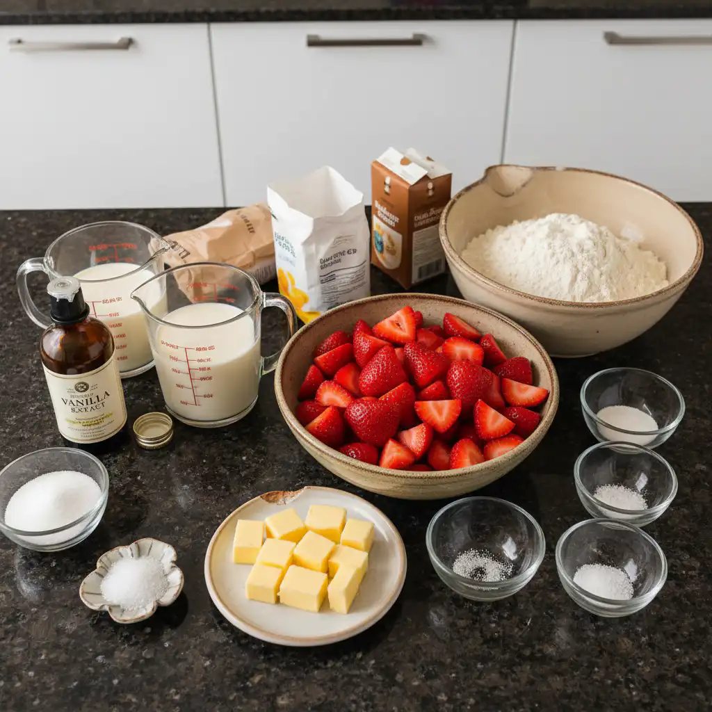 Fresh ingredients laid out for making delicious strawberry shortcake, including ripe berries and flour.