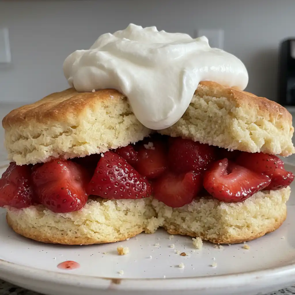 A beautiful, fluffy strawberry shortcake topped with fresh whipped cream and vibrant red berries.