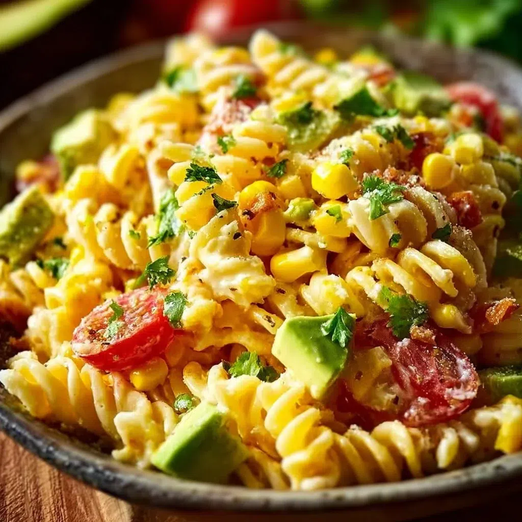 Delicious Street Corn Pasta Salad with fresh ingredients and vibrant colors.
