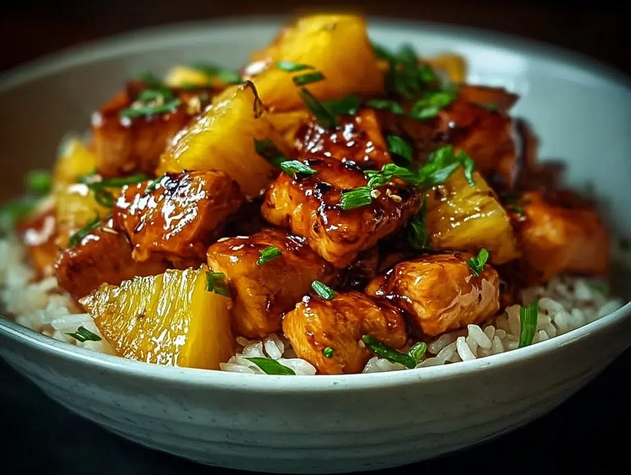 Plate of sweet and savory pineapple chicken served with rice