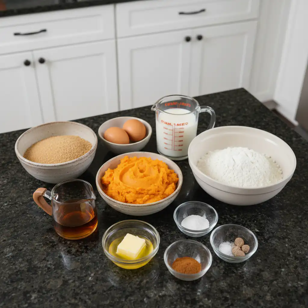 Fresh ingredients for sweet potato pancakes laid out, including a vibrant orange sweet potato and spices.