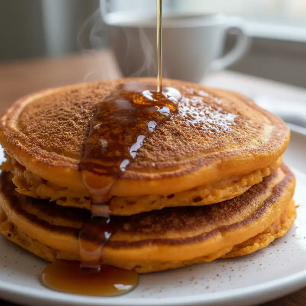 Fluffy sweet potato pancakes stacked high with maple syrup and fresh berries.