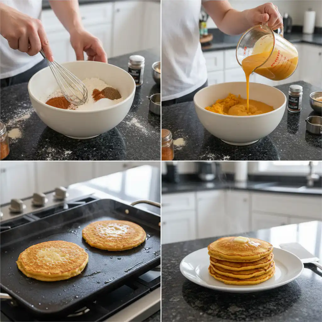 Sweet potato pancakes batter poured onto a hot griddle, beginning to cook into golden rounds.