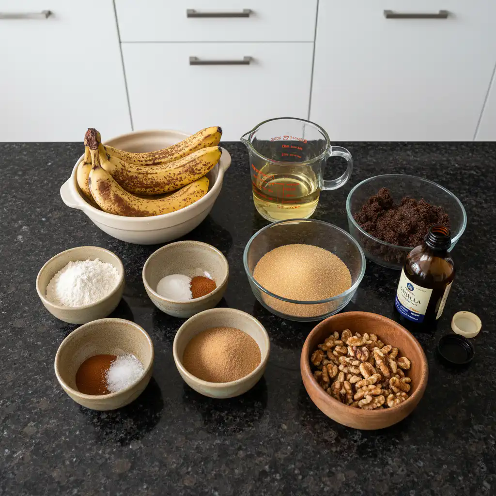Fresh bananas, flour, sugar, and other essential ingredients laid out for making vegan banana bread.