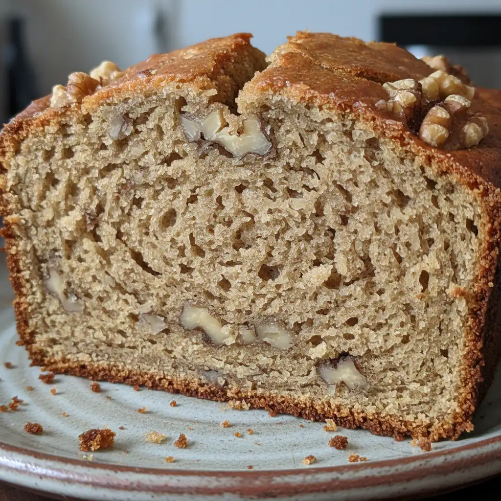 A perfectly golden brown slice of moist vegan banana bread, studded with walnuts, sits on a rustic wooden board.