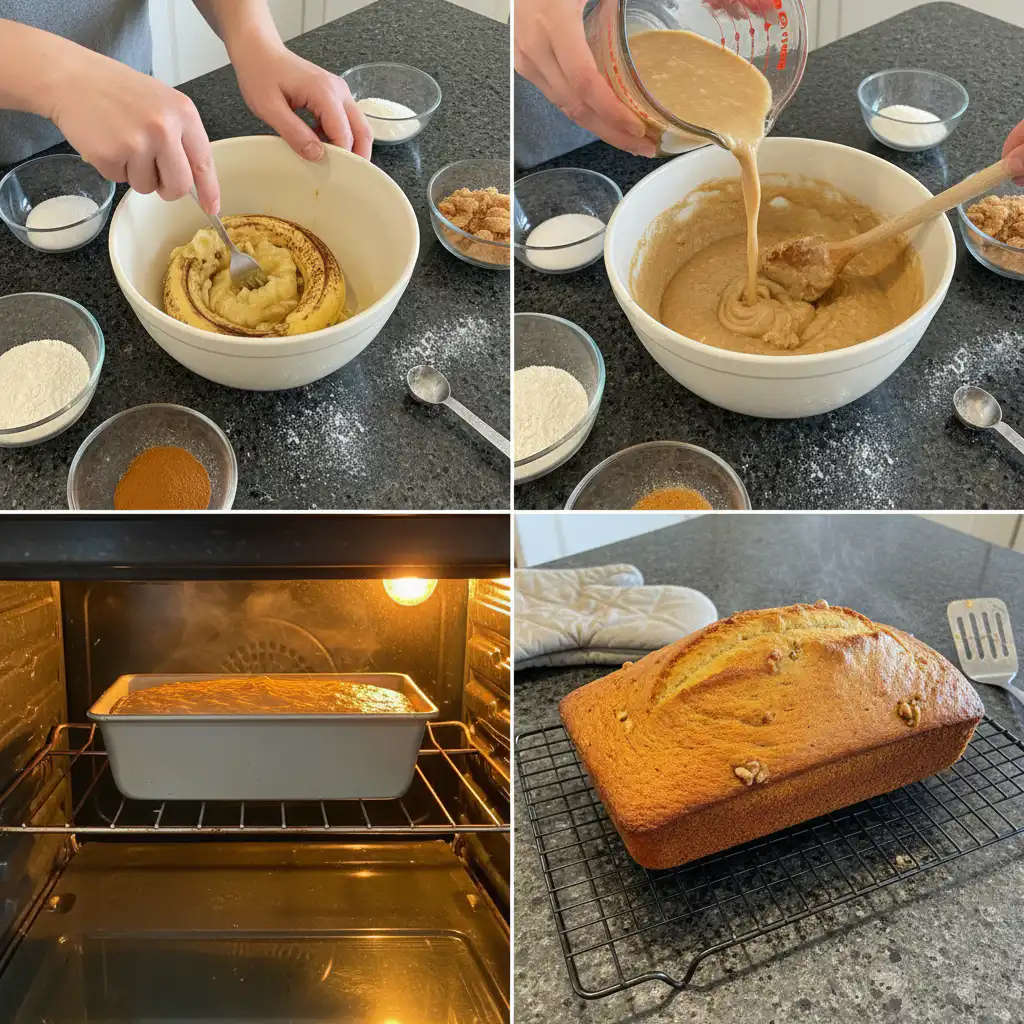 Hands mixing the wet and dry ingredients in a bowl for a delicious vegan banana bread batter.