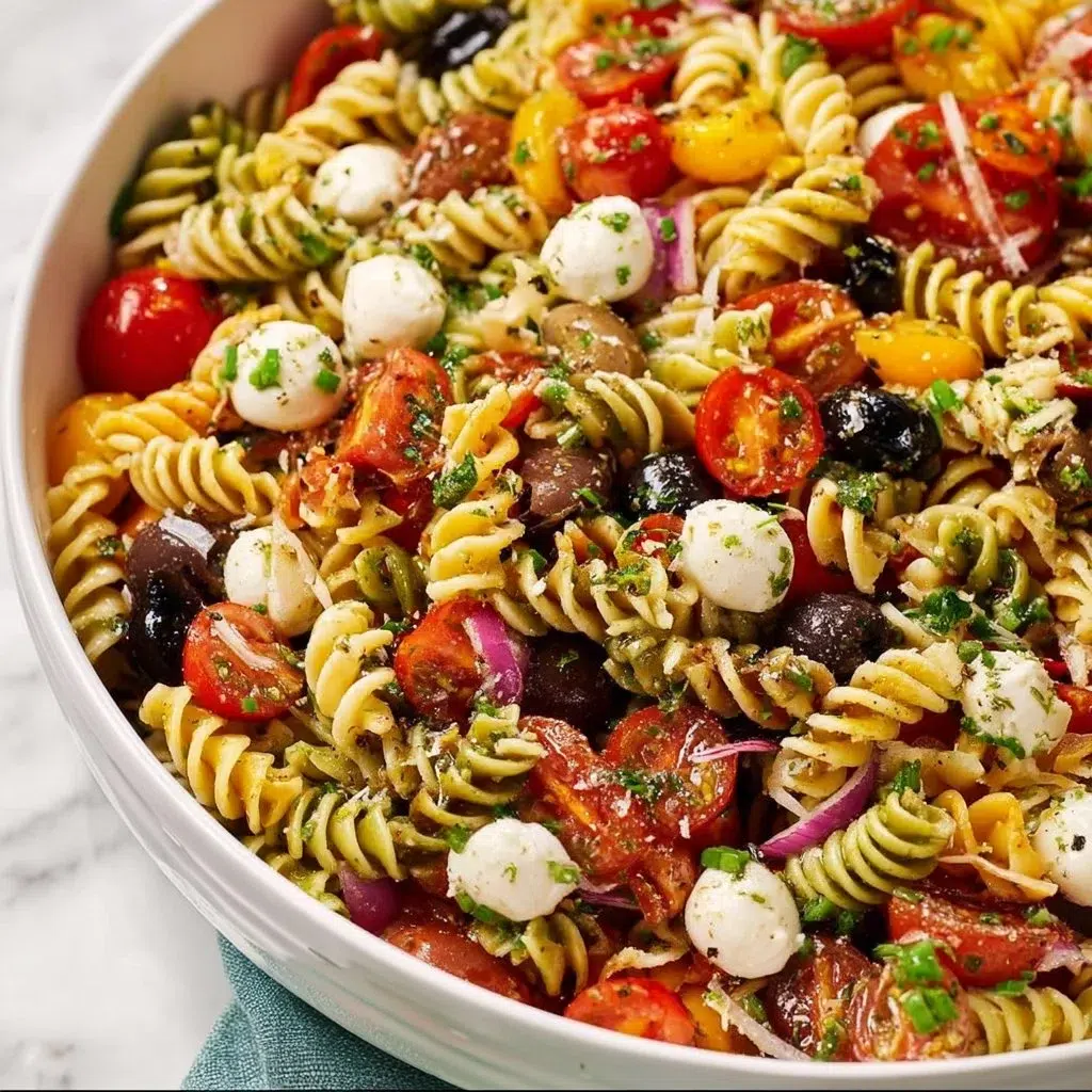 Bowl of zesty Italian pasta salad with colorful vegetables and dressing.
