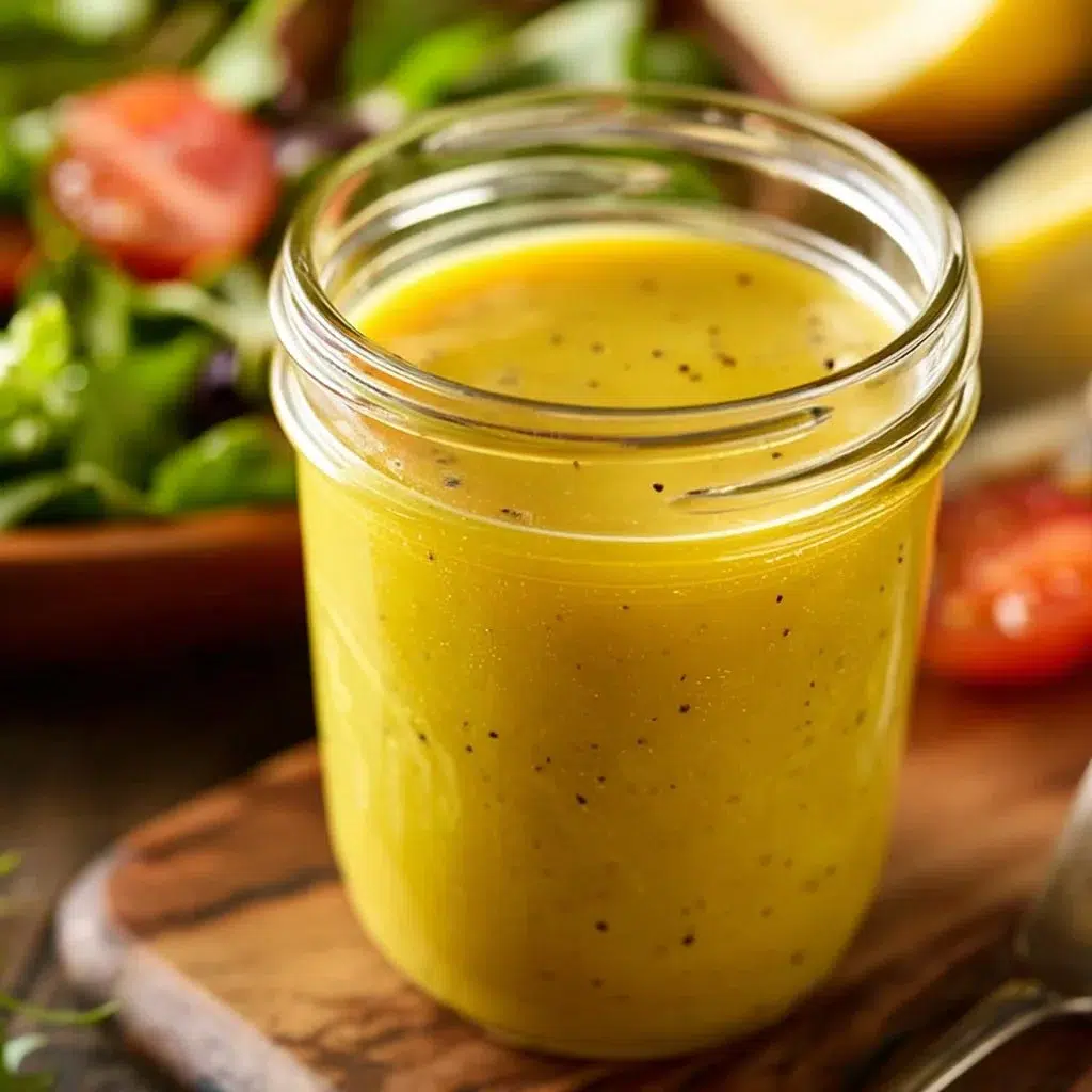 Freshly made 5-Min Lemon Vinaigrette in a glass jar with lemon slices