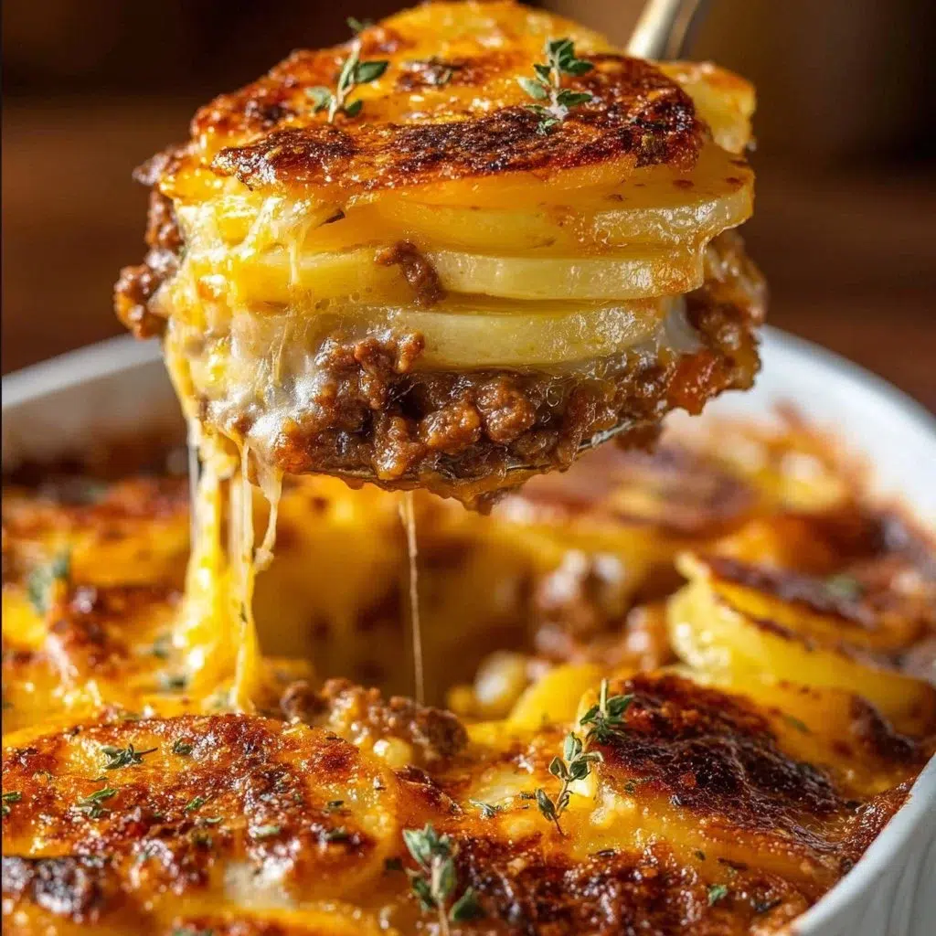 Delicious cheesy hamburger potato casserole served in a baking dish