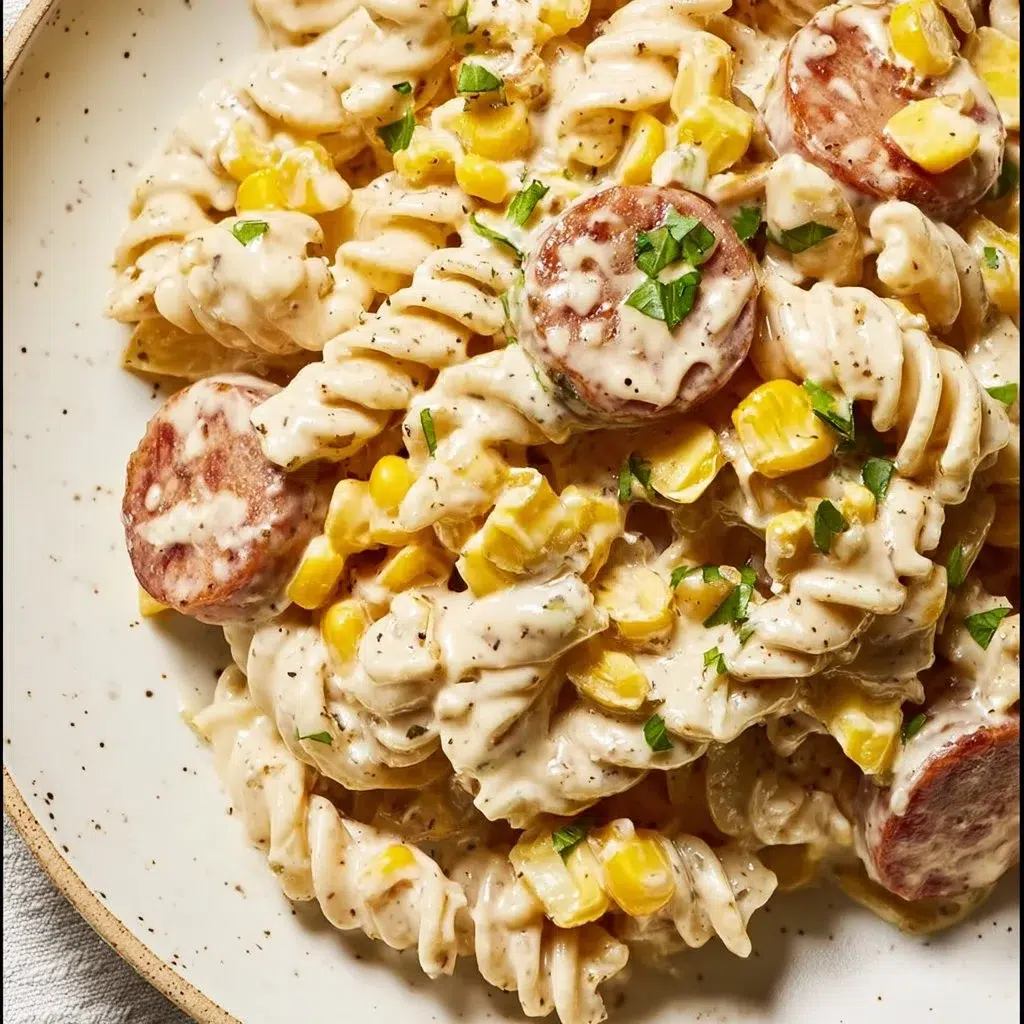 Cream cheese smoked sausage pasta served in a bowl with herbs