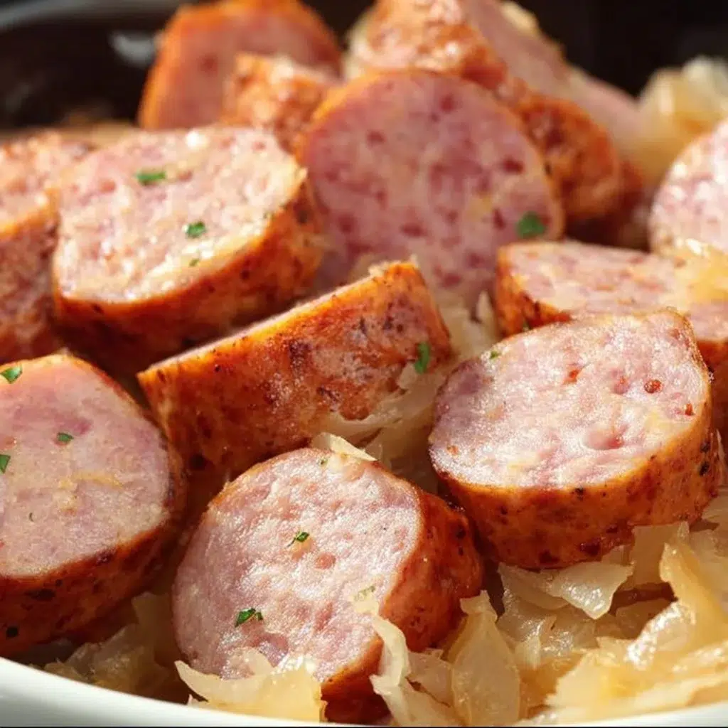 Delicious homemade kielbasa and sauerkraut served in a bowl.