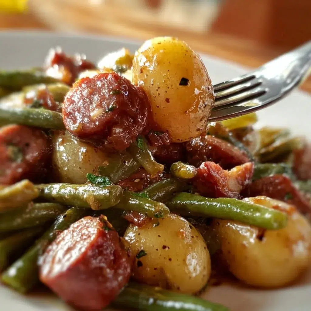 Delicious sausage green bean potato casserole served in a baking dish