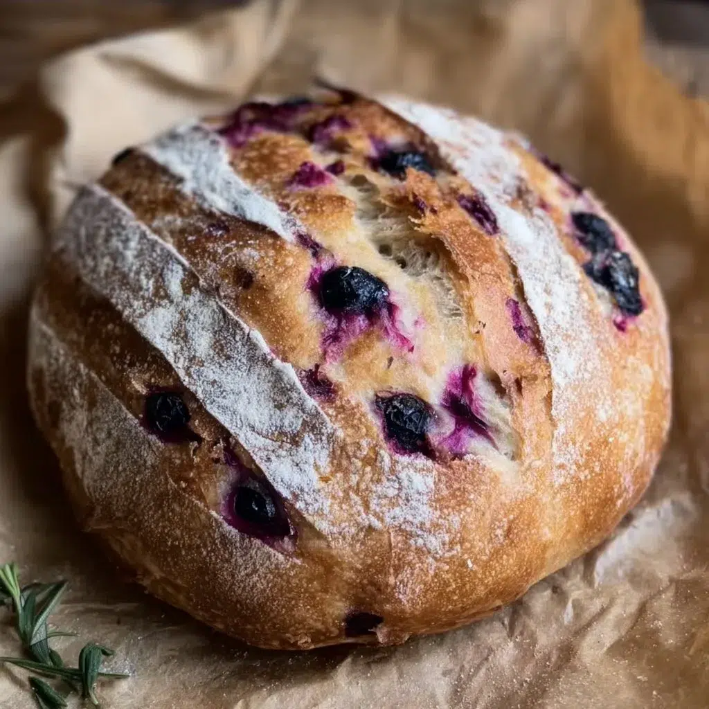 Blueberry lemon sourdough loaf with cream cheese topping, freshly baked.