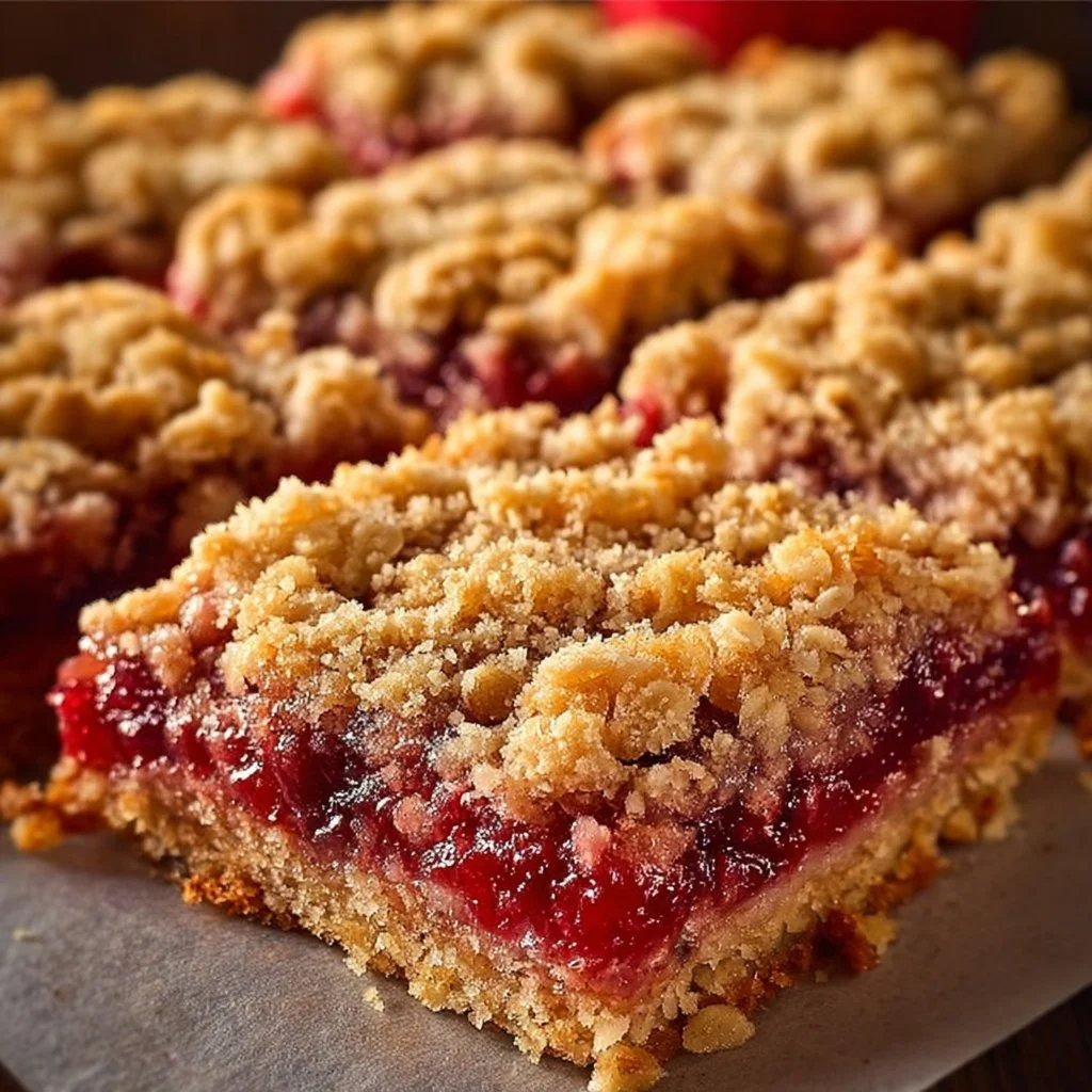 Buttery strawberry rhubarb crumb bars on a plate with fresh strawberries