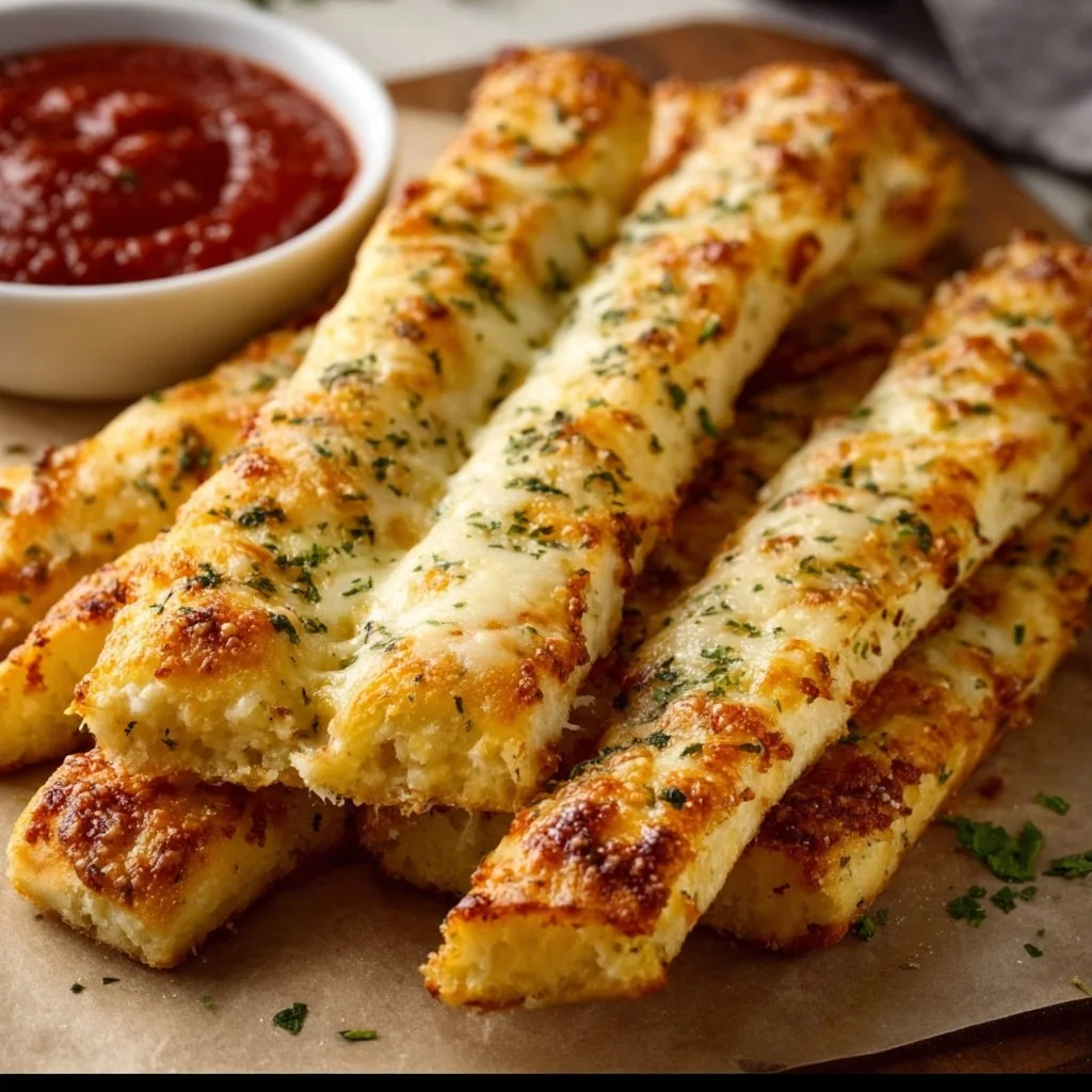 Cheesy garlic breadsticks served on a platter with melted cheese and herbs