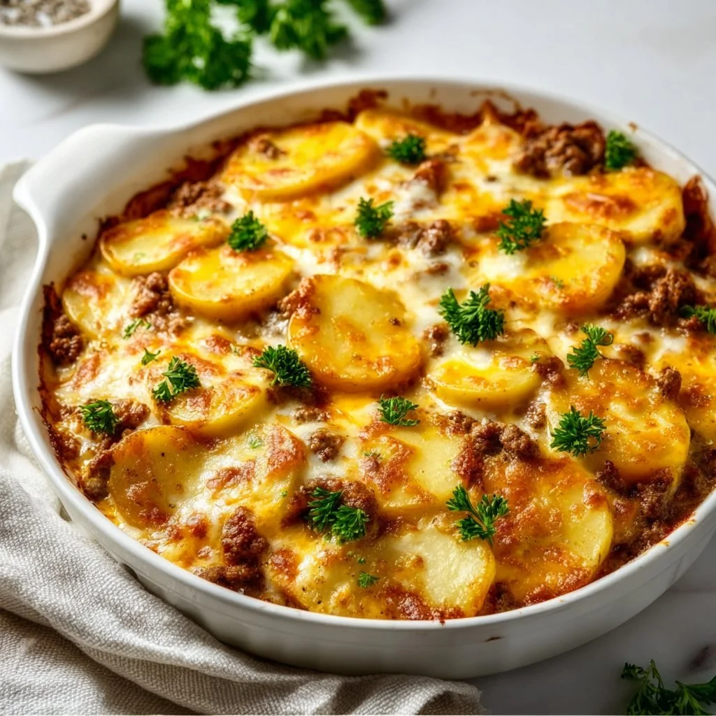 Cheesy Ground Beef Potato Bake 3 Cheesy ground beef potato bake served in a dish, topped with melted cheese.