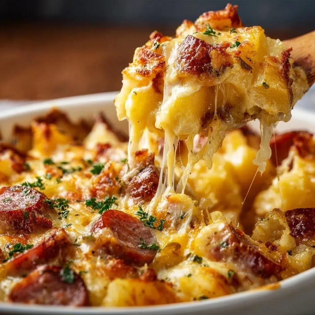 Cheesy Kielbasa Potato Casserole topped with cheese and herbs for a delicious meal