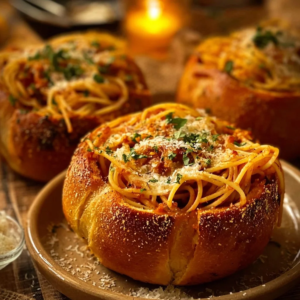 Cheesy spaghetti garlic bread bowls garnished with herbs and served hot.