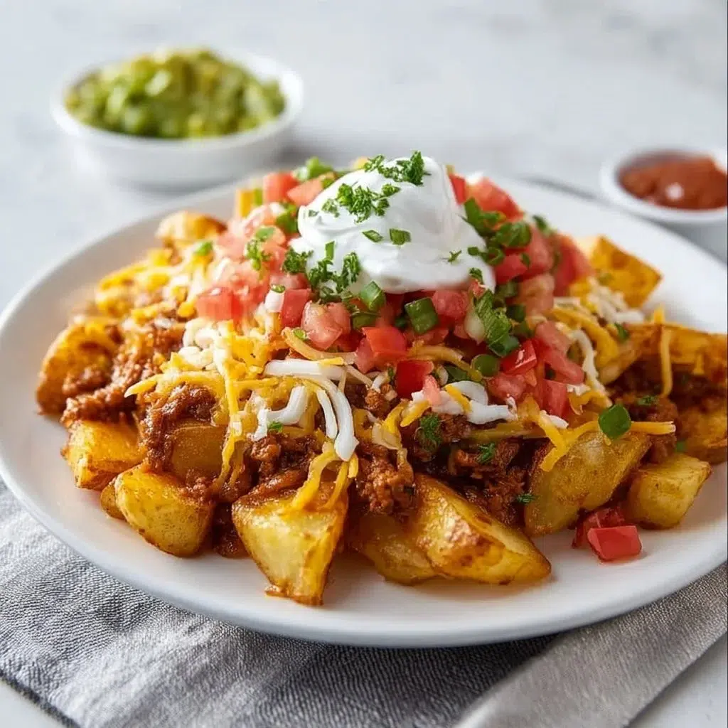 Cheesy taco loaded potatoes topped with melted cheese and taco toppings