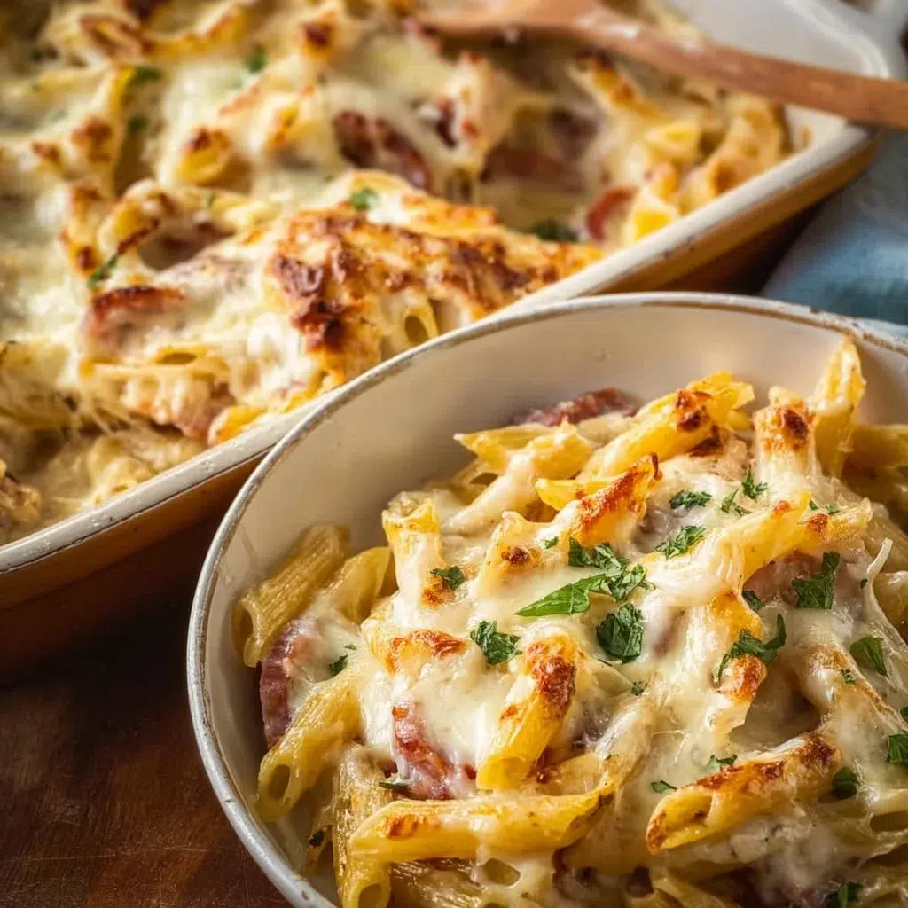 Cheesy Turkey Sausage Pasta Bake 3 Cheesy Turkey Sausage Pasta Bake topped with melted cheese and herbs