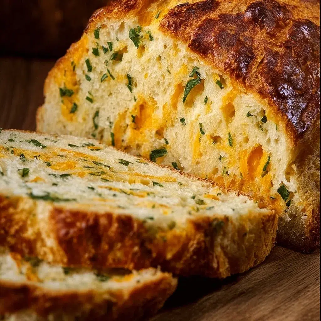 Freshly baked Cheddar Herb Soda Bread on a wooden cutting board