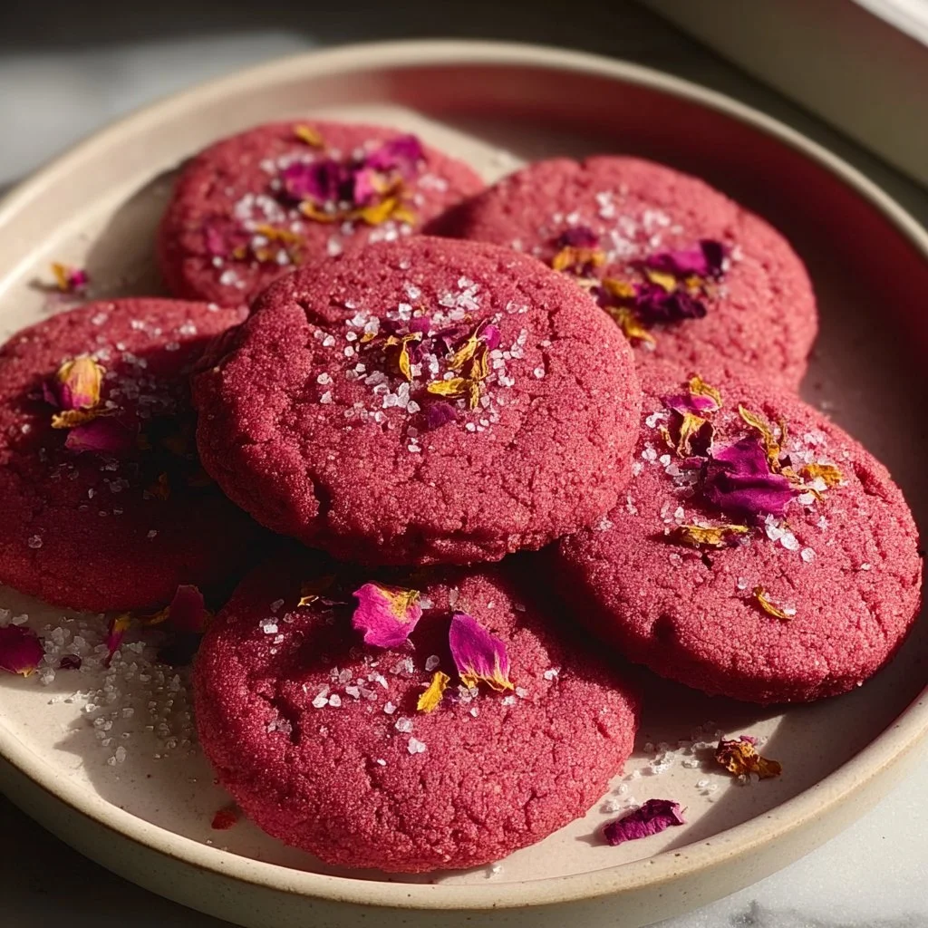 Every Meal, Made Irresistible 9 Cozy rose beet pink cookies on a plate, showcasing their vibrant color and texture