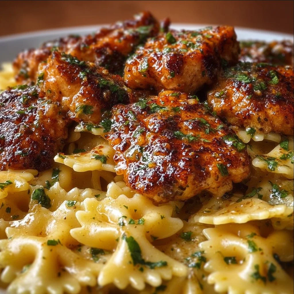 Creamy Garlic Butter Chicken Bowtie Pasta served on a plate