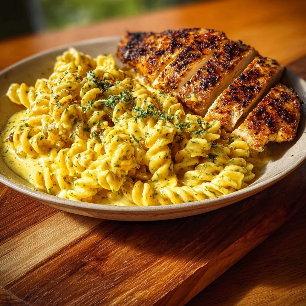 Creamy Garlic Parmesan Chicken Pasta served in a bowl with herbs on top.