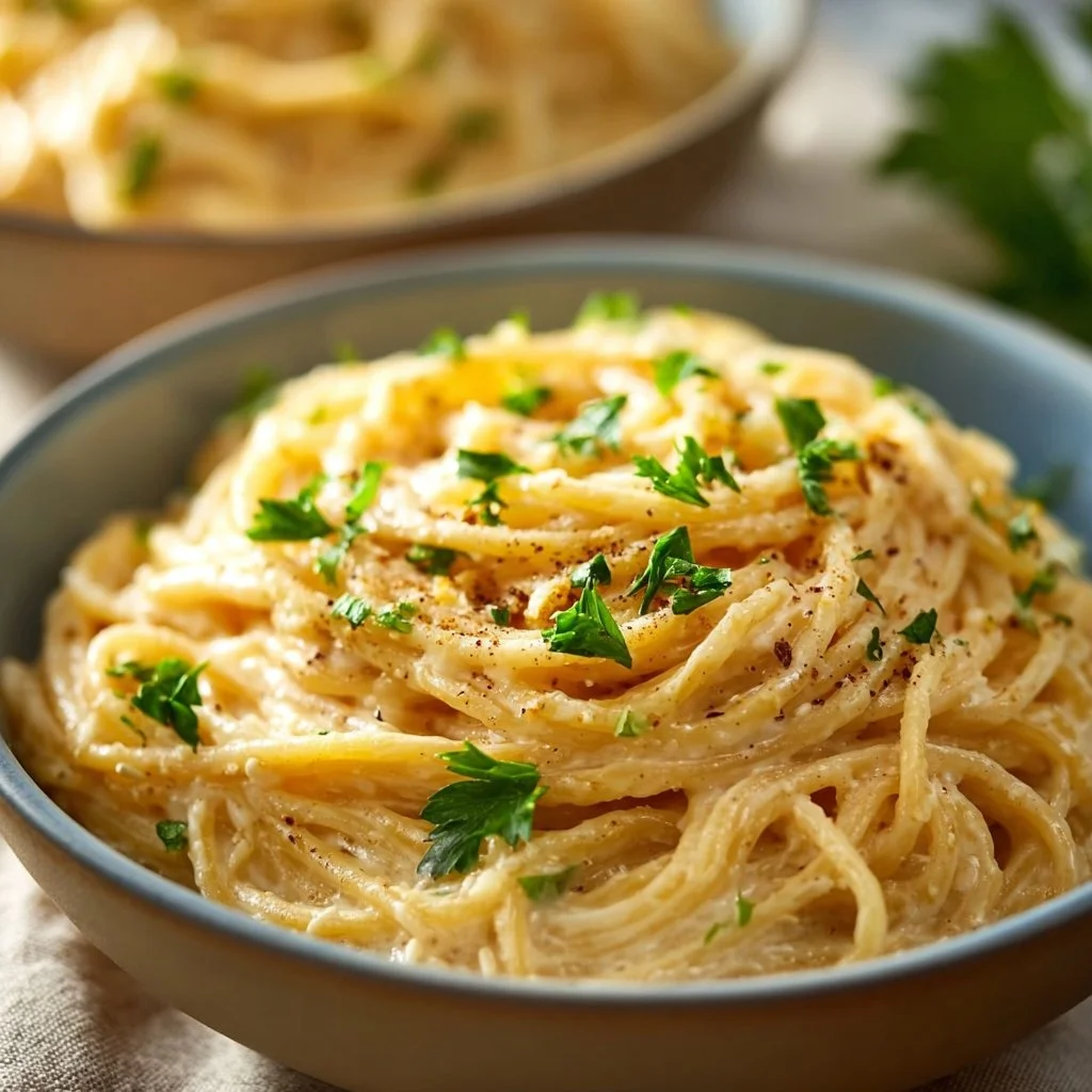 A bowl of creamy garlic parmesan spaghetti garnished with parsley