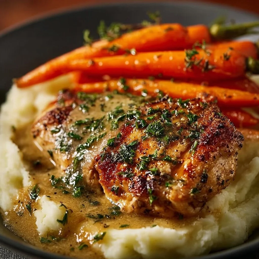 Creamy Herb Chicken Dinner with herbs and creamy sauce on a plate