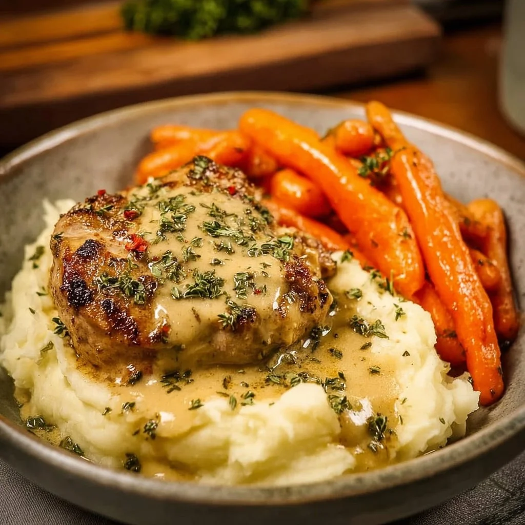 Creamy Herb Chicken with Mashed Potatoes and Honey Glazed Carrots