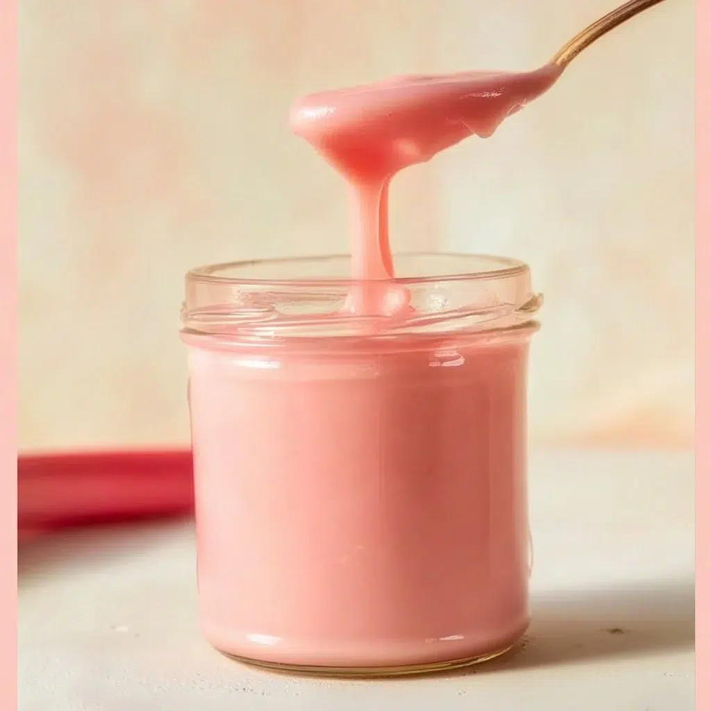 Delicious creamy rhubarb curd served in a jar with fresh rhubarb stalks.