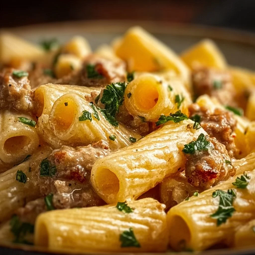 Creamy sausage rigatoni pasta dish garnished with herbs