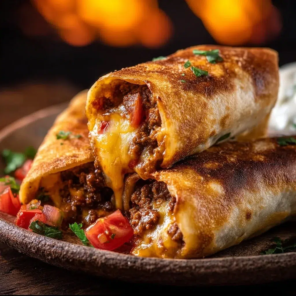 Delicious crispy beef cheese chimichangas served with toppings.