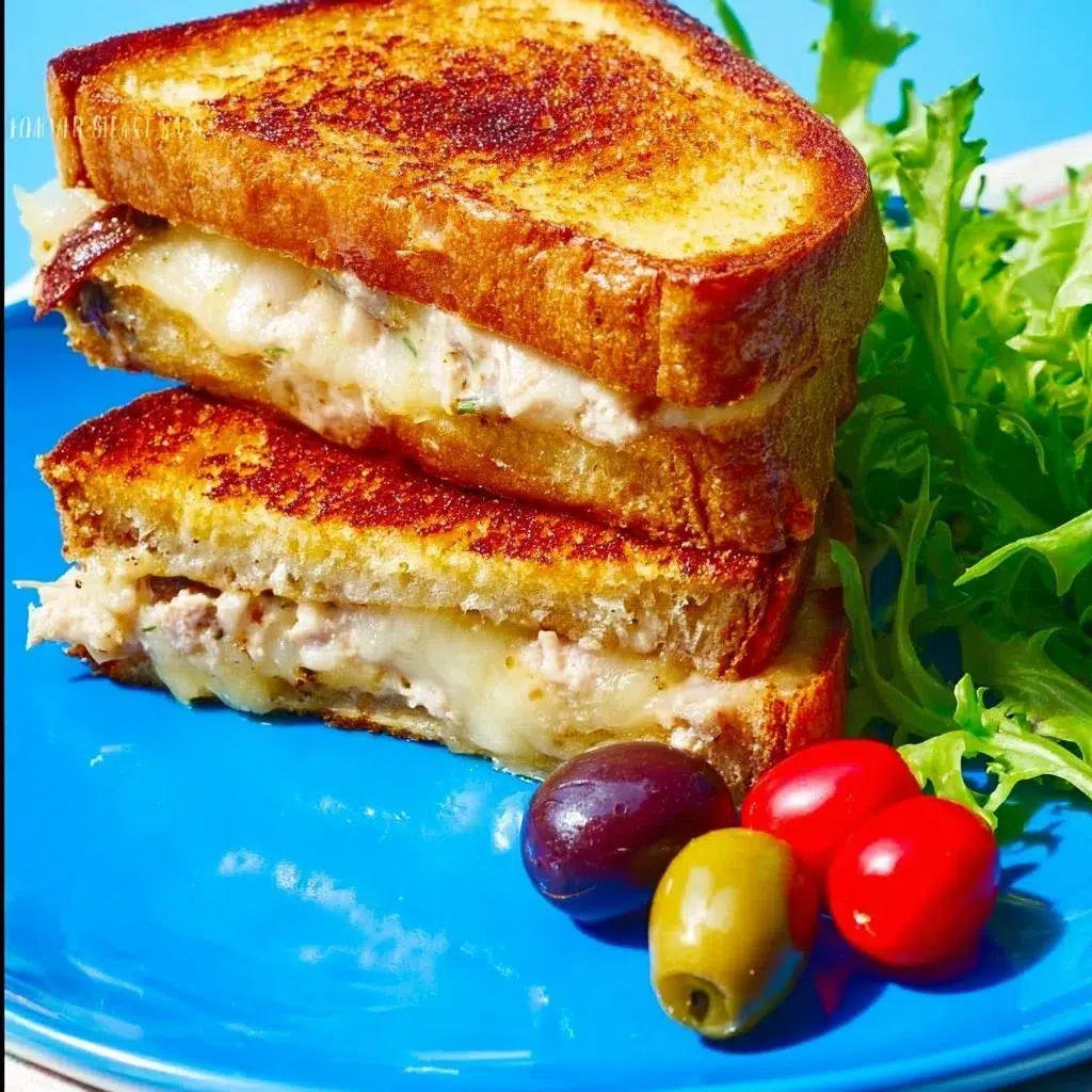 Every Meal, Made Irresistible 10 Crispy cheesy tuna melt sandwich with melted cheese and golden-brown bread