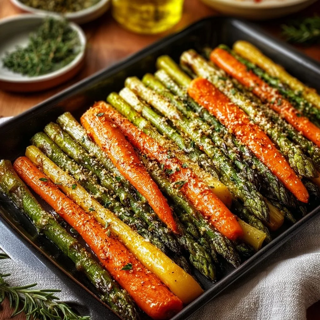 A plate of crispy oven roasted veggies with colorful peppers, carrots, and zucchini.