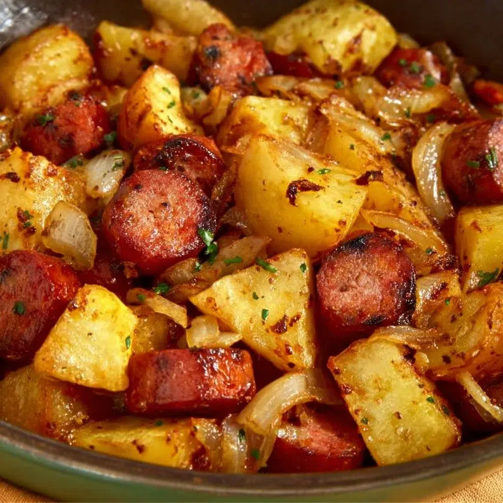 Crispy Potato Kielbasa Skillet served in a pan