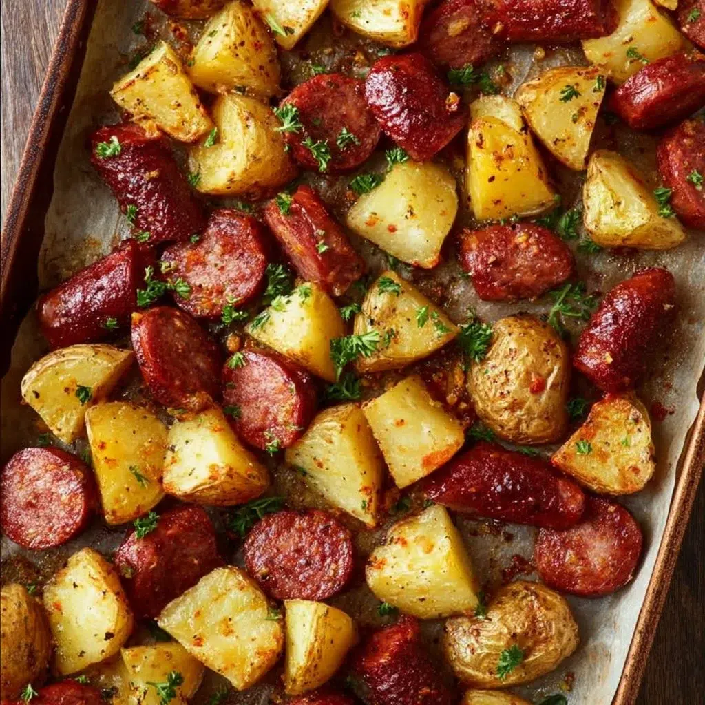 Crispy roasted kielbasa served with golden potatoes on a plate