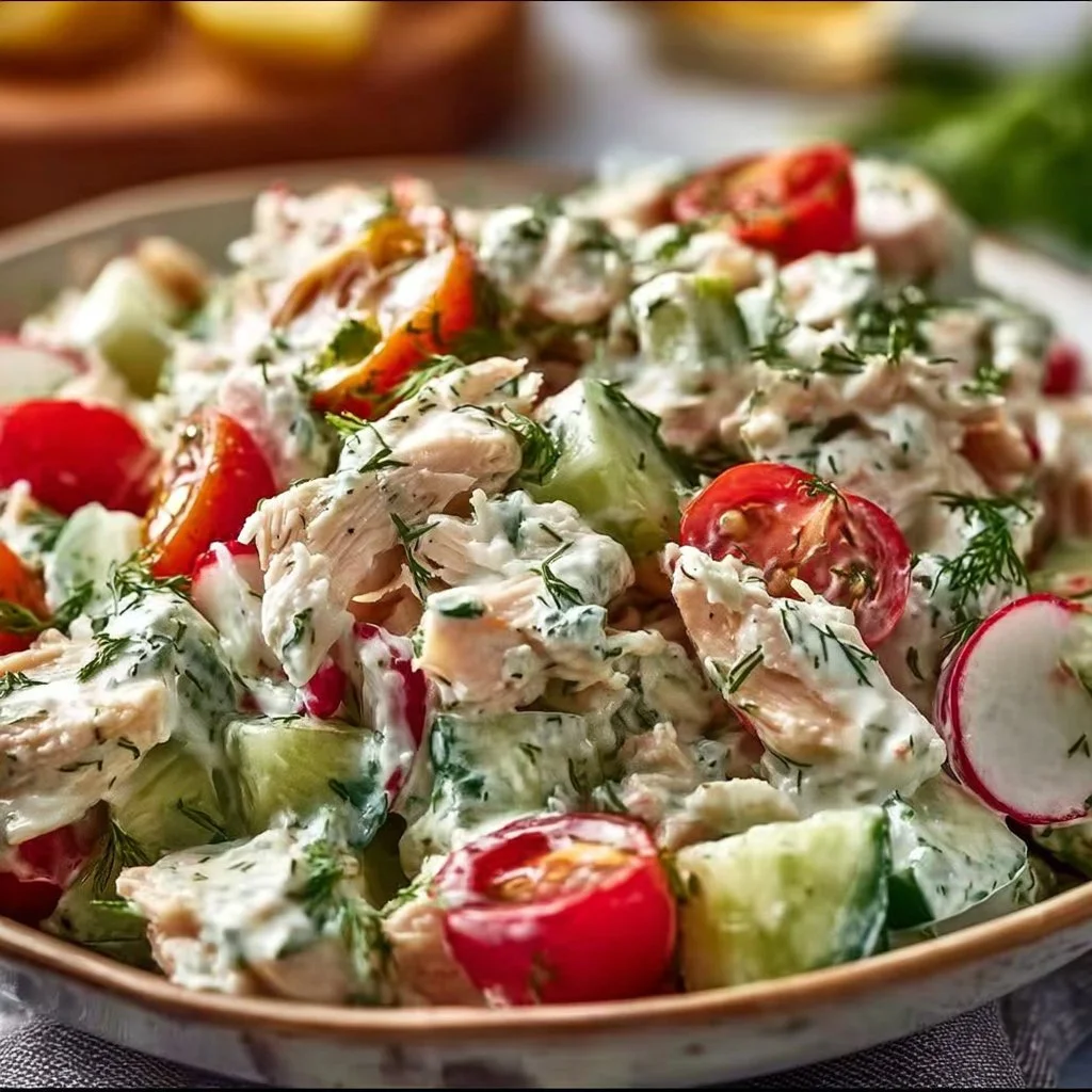 Creamy tzatziki chicken salad with fresh vegetables and herbs