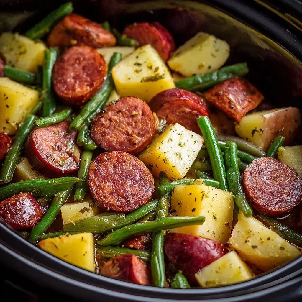 Delicious crockpot kielbasa with green beans in a slow cooker